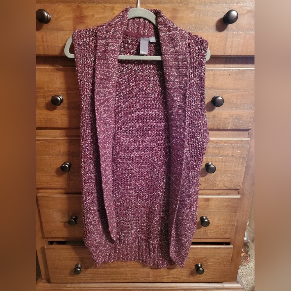 Quinn Cardigan Burgundy Long Sleeveless Open Front Knit Sweater Sz M